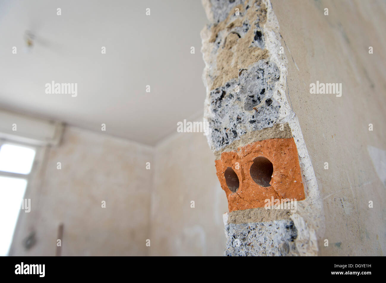 Sezione trasversale attraverso un muro intonacato con mattoni, apertura di parete in un vecchio edificio in bisogno di un rinnovo, Stoccarda Foto Stock