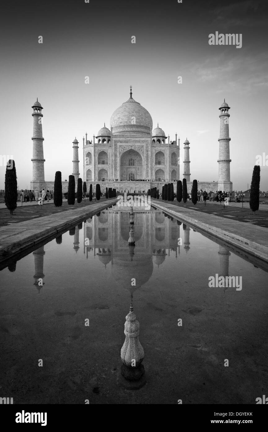 Taj Mahal, Mausoleo, Sito Patrimonio Mondiale dell'UNESCO, che si riflette in una piscina di acqua, Agra, Uttar Pradesh, India Foto Stock