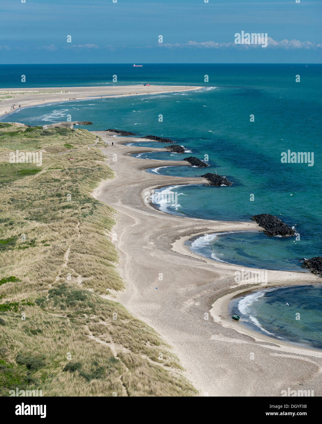Struttura di frangionde, Finecampo, riunione del Mare del Nord e il Mar Baltico, Grenen, Skagen, nello Jutland, Danimarca Foto Stock