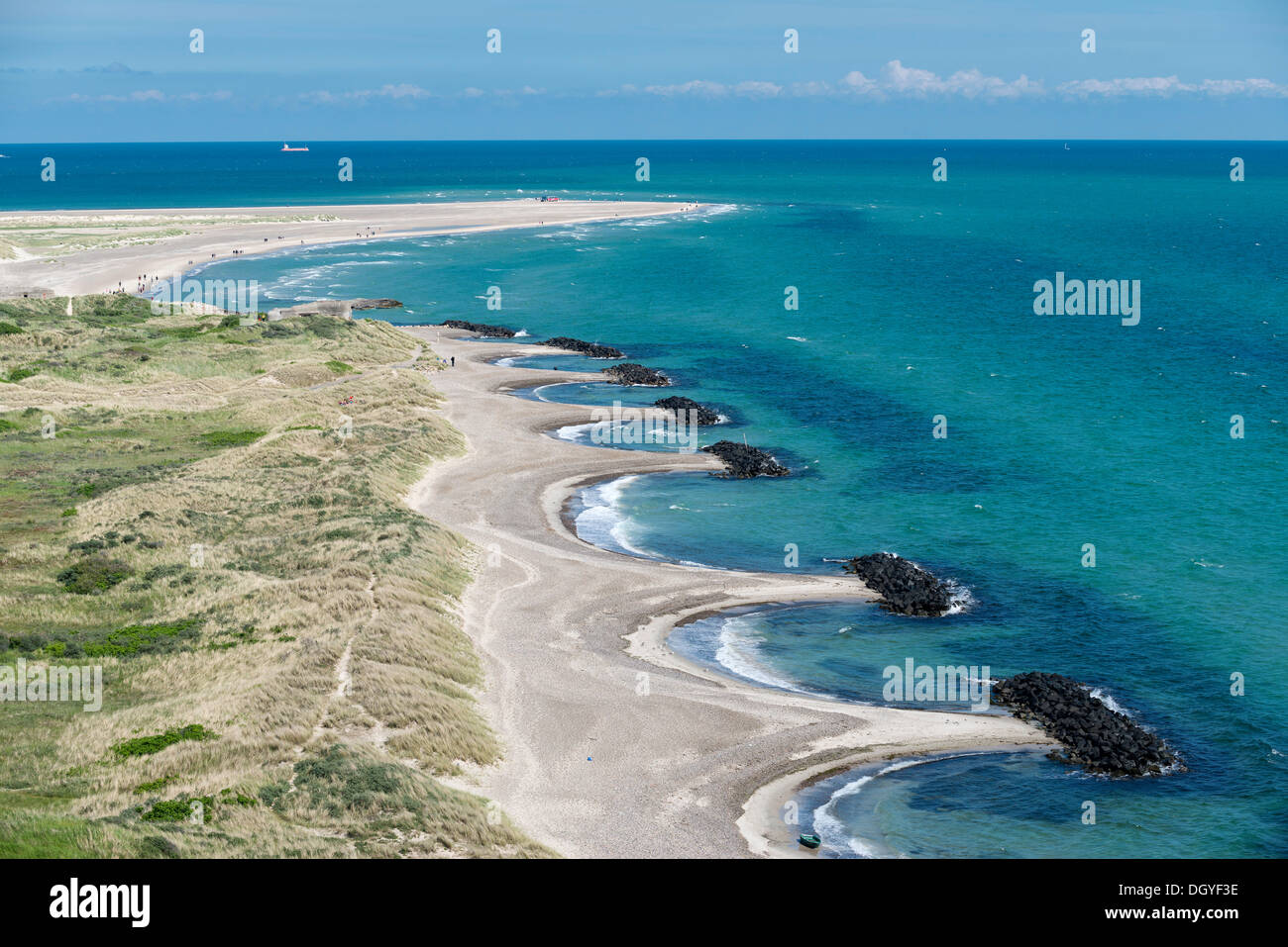 Struttura di frangionde, Finecampo, riunione del Mare del Nord e il Mar Baltico, Grenen, Skagen, nello Jutland, Danimarca Foto Stock