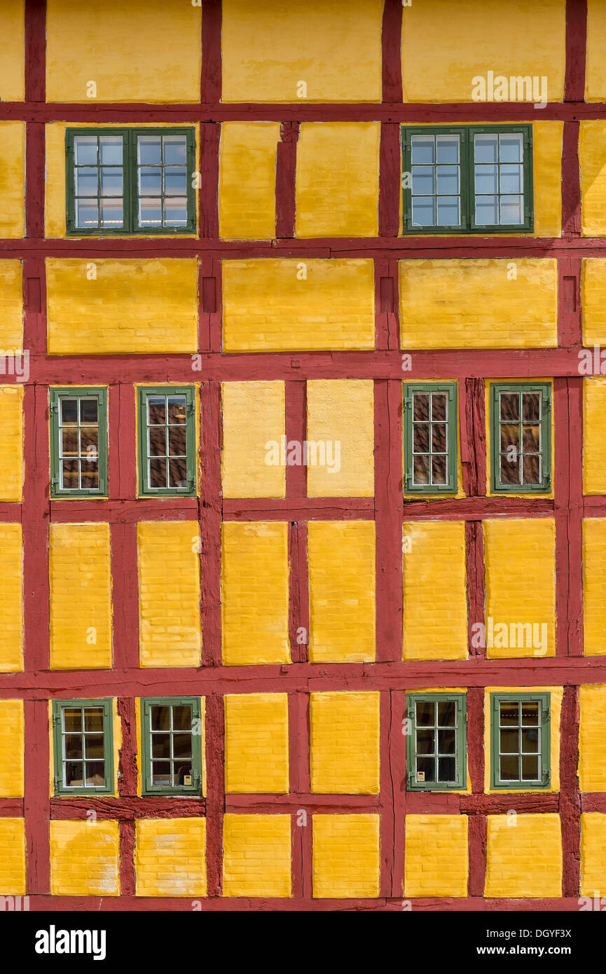 Dettaglio di una casa in legno e muratura, Andresens Købmandsgård o merchant's Yard, Kerteminde, Funen, regione a sud della Danimarca Foto Stock