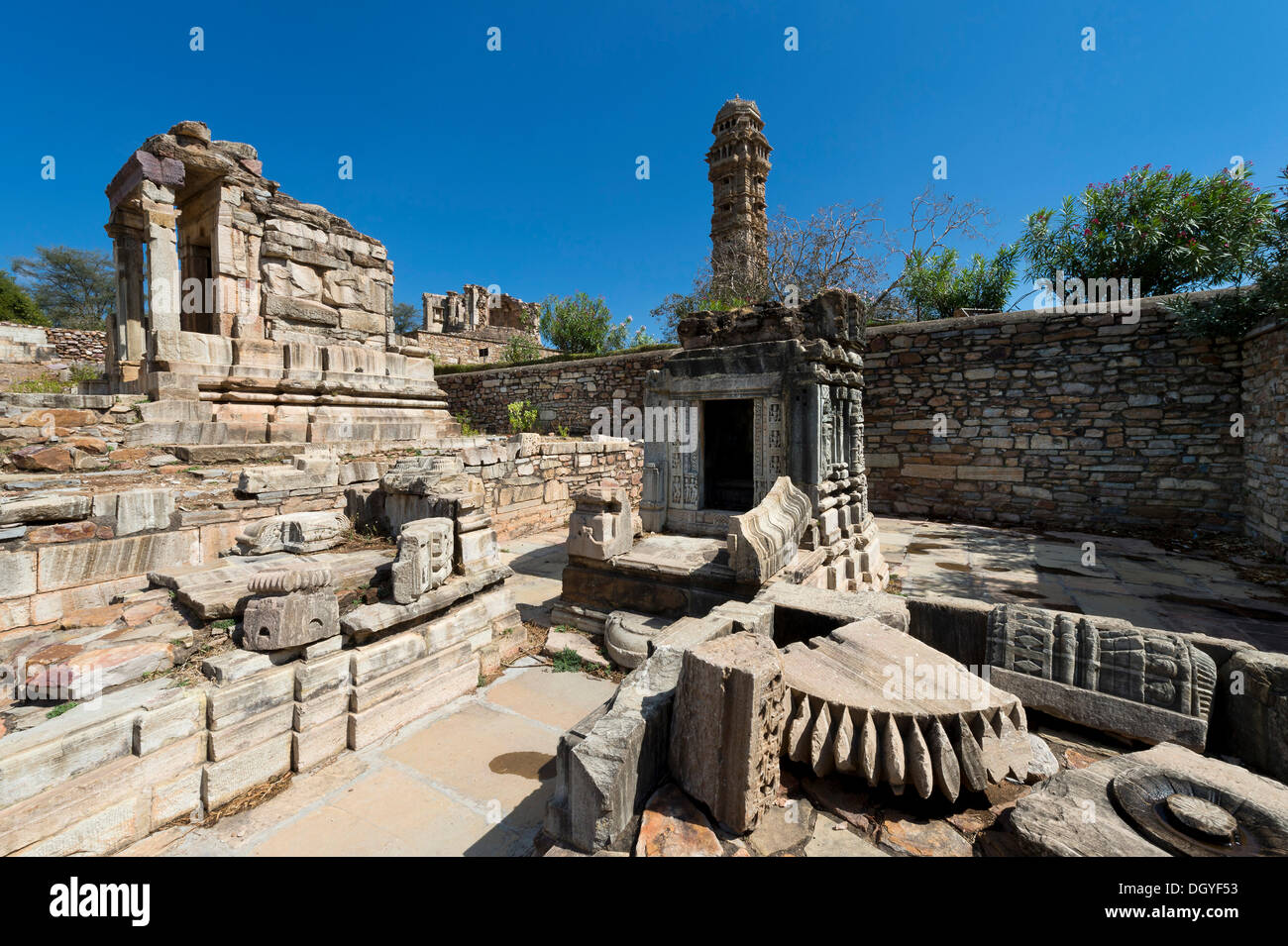 Rovine di templi e Vijaya Stambha, una vittoria a torre costruito durante il regno di Rana Kumbha, Chittorgarh Fort, Chittorgarh, Rajasthan Foto Stock