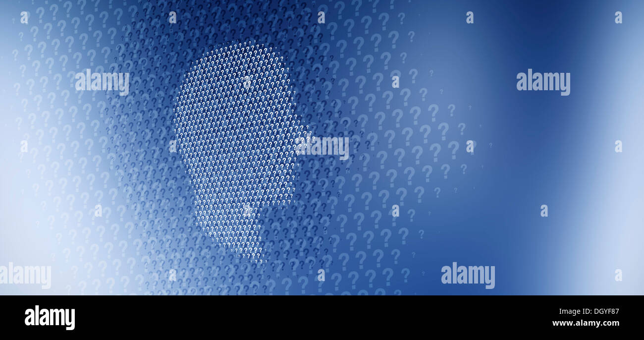 Grafico di un uomo in profilo contro uno sfondo di punti interrogativi Foto Stock
