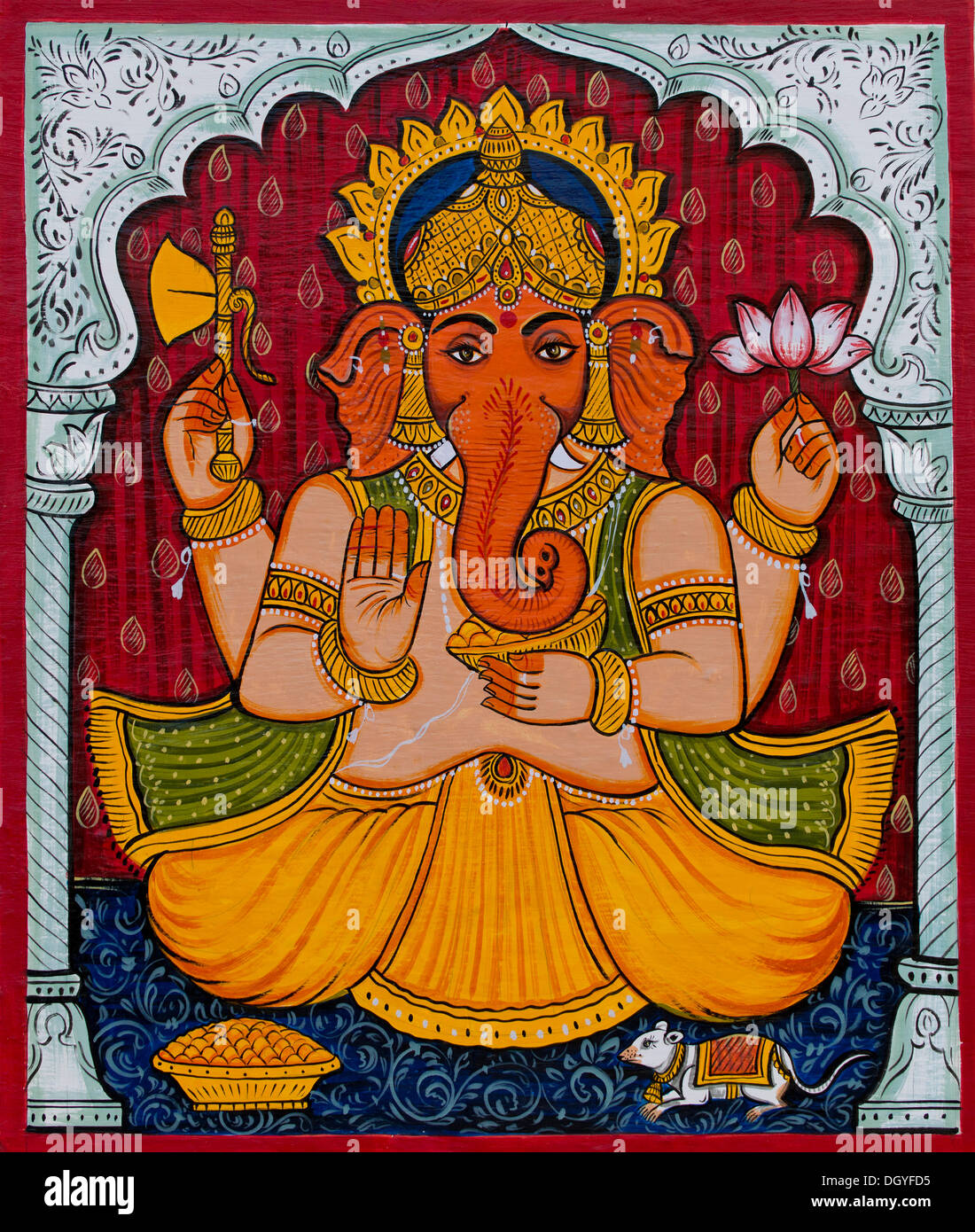 Pittura murale, murale, elefante-intitolata dio indù Ganesha o Ganpati, città Palazzo del Maharana di Udaipur, Udaipur, Rajasthan Foto Stock