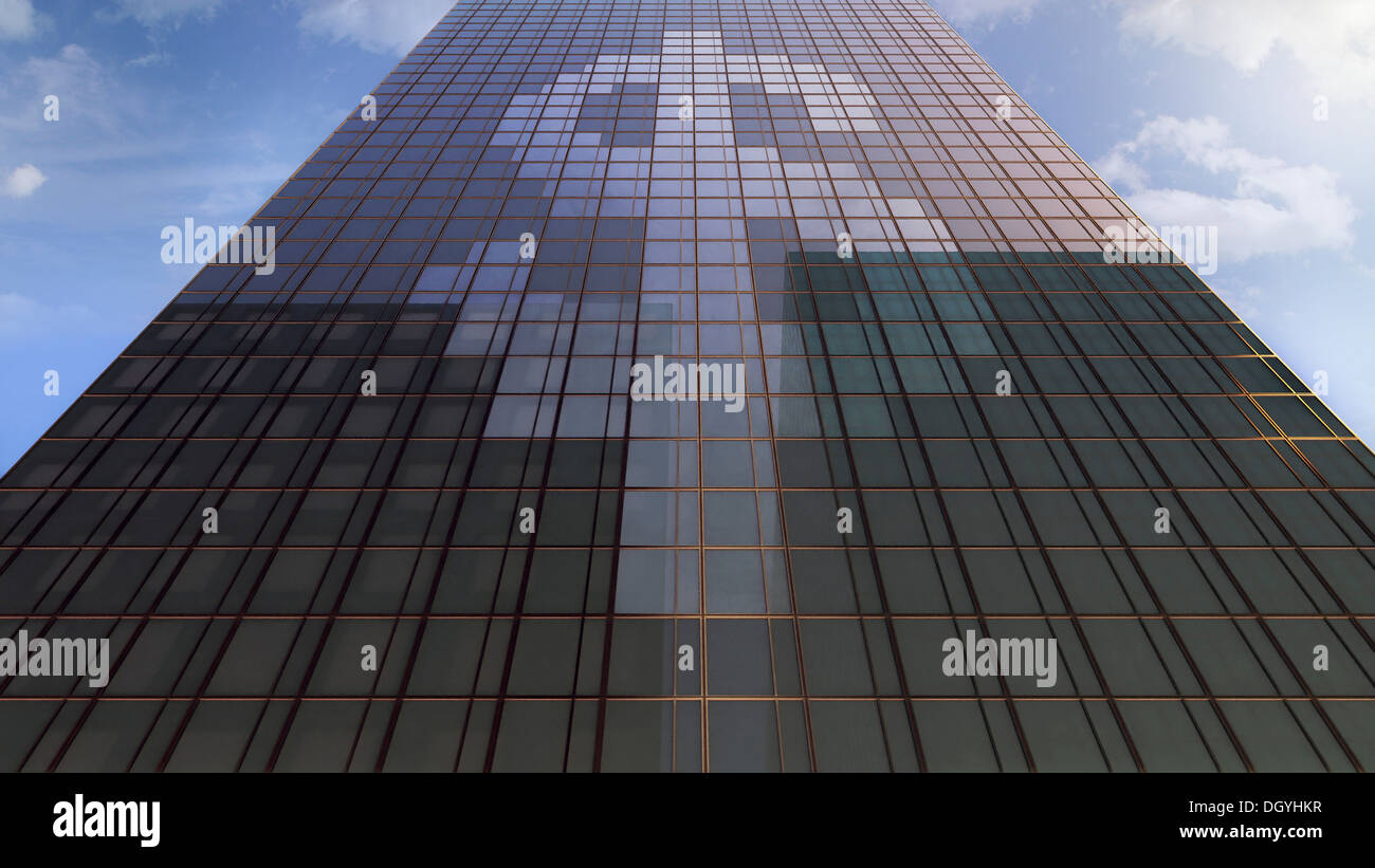 Il segno del dollaro sulle finestre di un edificio per uffici a basso angolo di visione Foto Stock