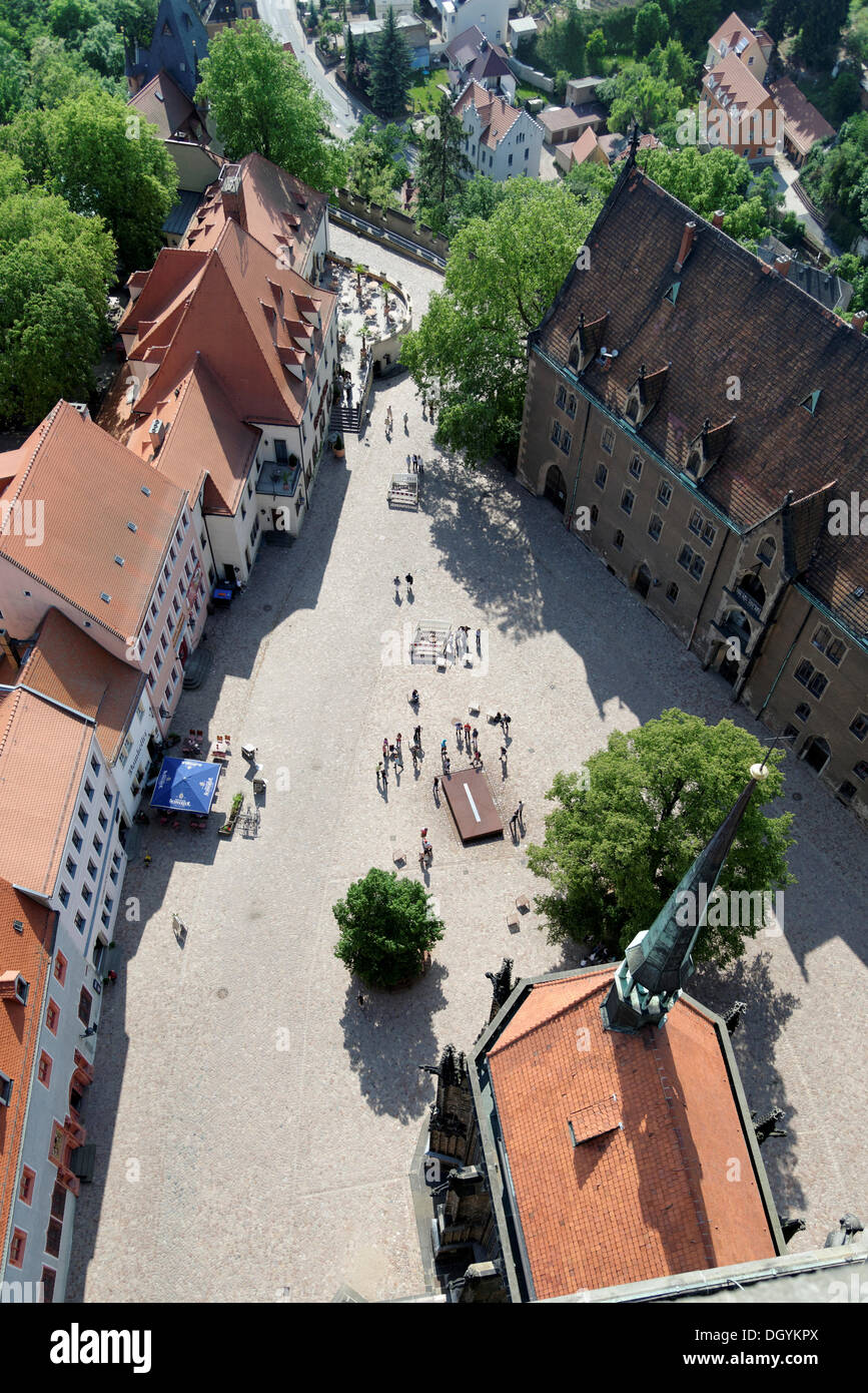 Vista di domplatz, piazza del Duomo, la torre della cattedrale di Meissen, Meissen, Sassonia Foto Stock