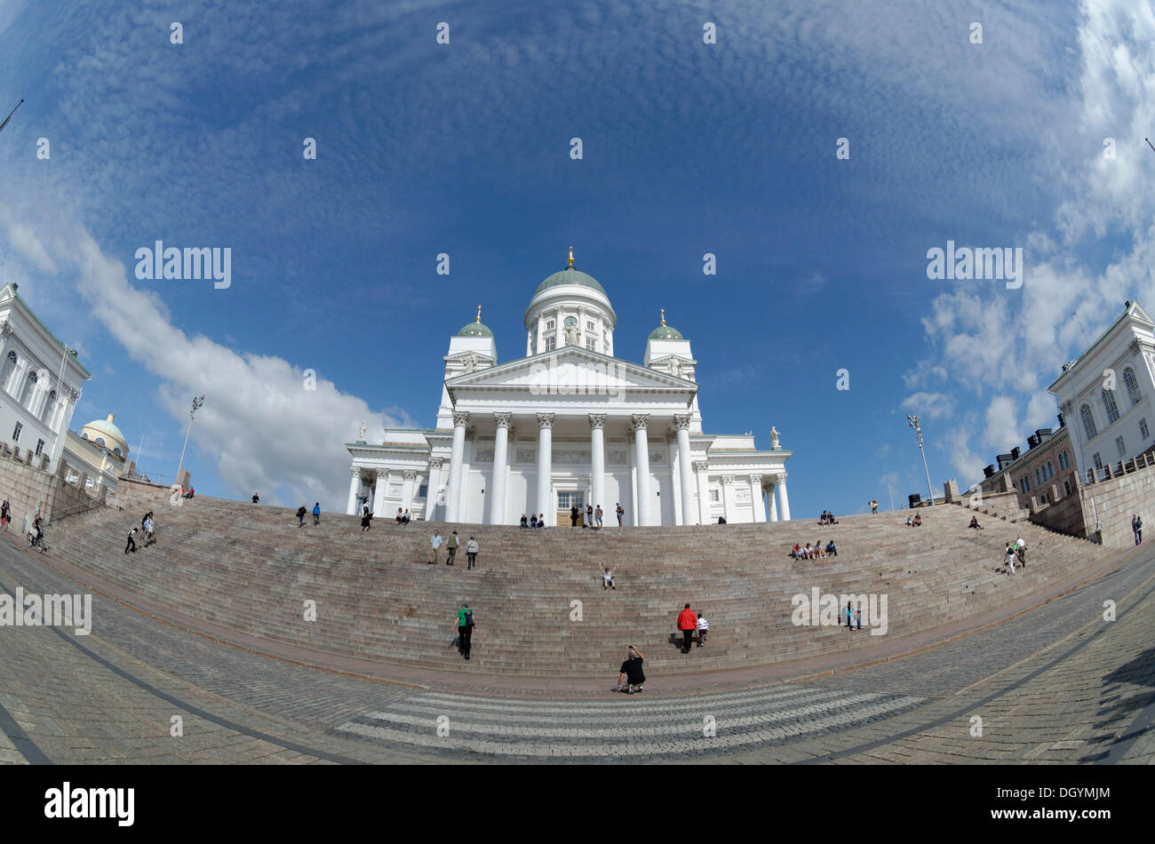 La piazza del senato, senaatintori, Cattedrale di Helsinki con scale, Vista fisheye, Helsinki, Uusimaa, Finlandia Foto Stock