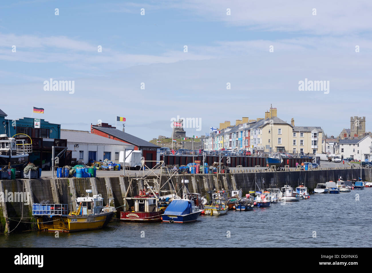 La pesca e le imbarcazioni da diporto ormeggiata in banchina, Aberystwyth Harbour, Wales, Regno Unito Foto Stock