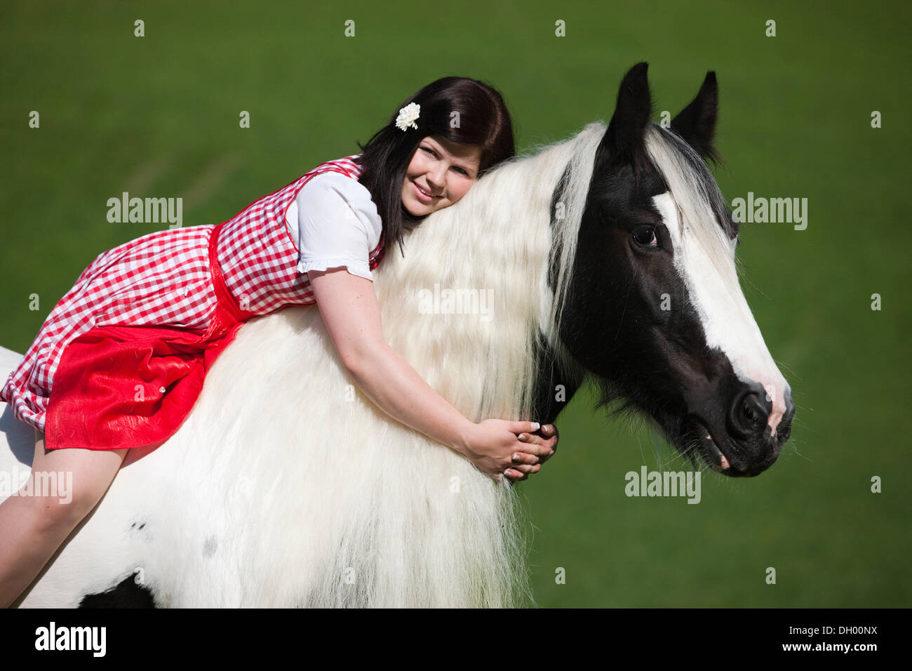 Giovane donna che indossa un vestito con grembiule seduta senza una sella o briglia e coccole con una zingara Vanner o Tinker cavallo, Pinto Foto Stock