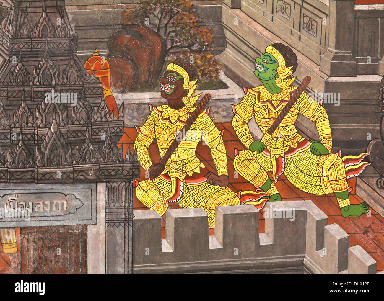 Capolavoro dipinto Ramayana nel Tempio del Buddha di smeraldo in Grand Palace in Thailandia Foto Stock