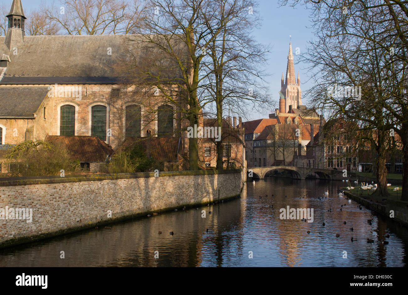 Vista sul canale con vecchie case in Bruges, guardando verso la Chiesa di Nostra Signora, Belgio. Foto Stock