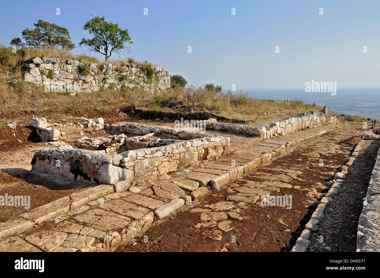 Strada di ciottoli con pavimentazione e i resti di un muro, sito archeologico della antica città romana di Norba, del IV secolo A.C. Foto Stock