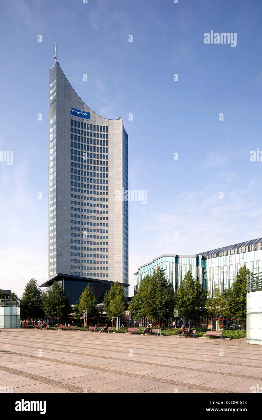 City-Hochhaus alto edificio, Mitteldeutscher Rundfunk mdr, un emittente pubblica, Augustusplatz square, Lipsia, Sassonia Foto Stock