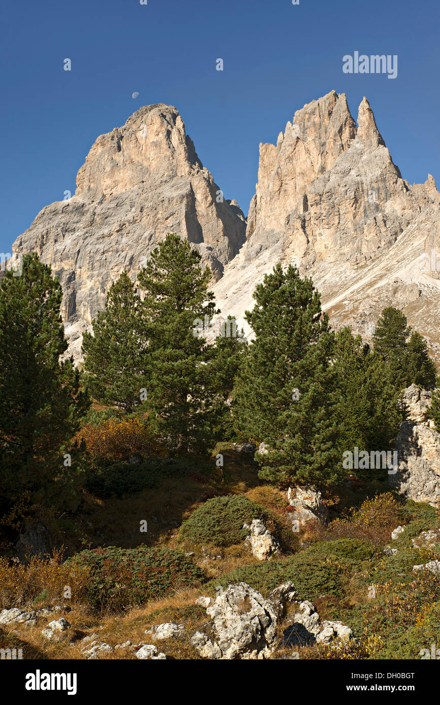 Grohmannspitze Mountain e Fuenffingerspitze montagna, visto dal Passo Sella mountain pass, Sassolungo, Dolomiti Foto Stock