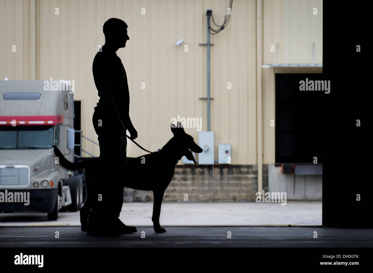 Il personale Sgt. Craig Martin, 628th delle forze di sicurezza K9 Il gestore, e il suo cane, Chico, stand all'interno di un magazzino Ottobre 22, 2013 dopo aver preso parte nel rilevamento di esplosivi di formazione in Summerville, S.C. Durante questo corso di formazione, i cani vengono sottoposti a ostacoli laddove essi se Foto Stock