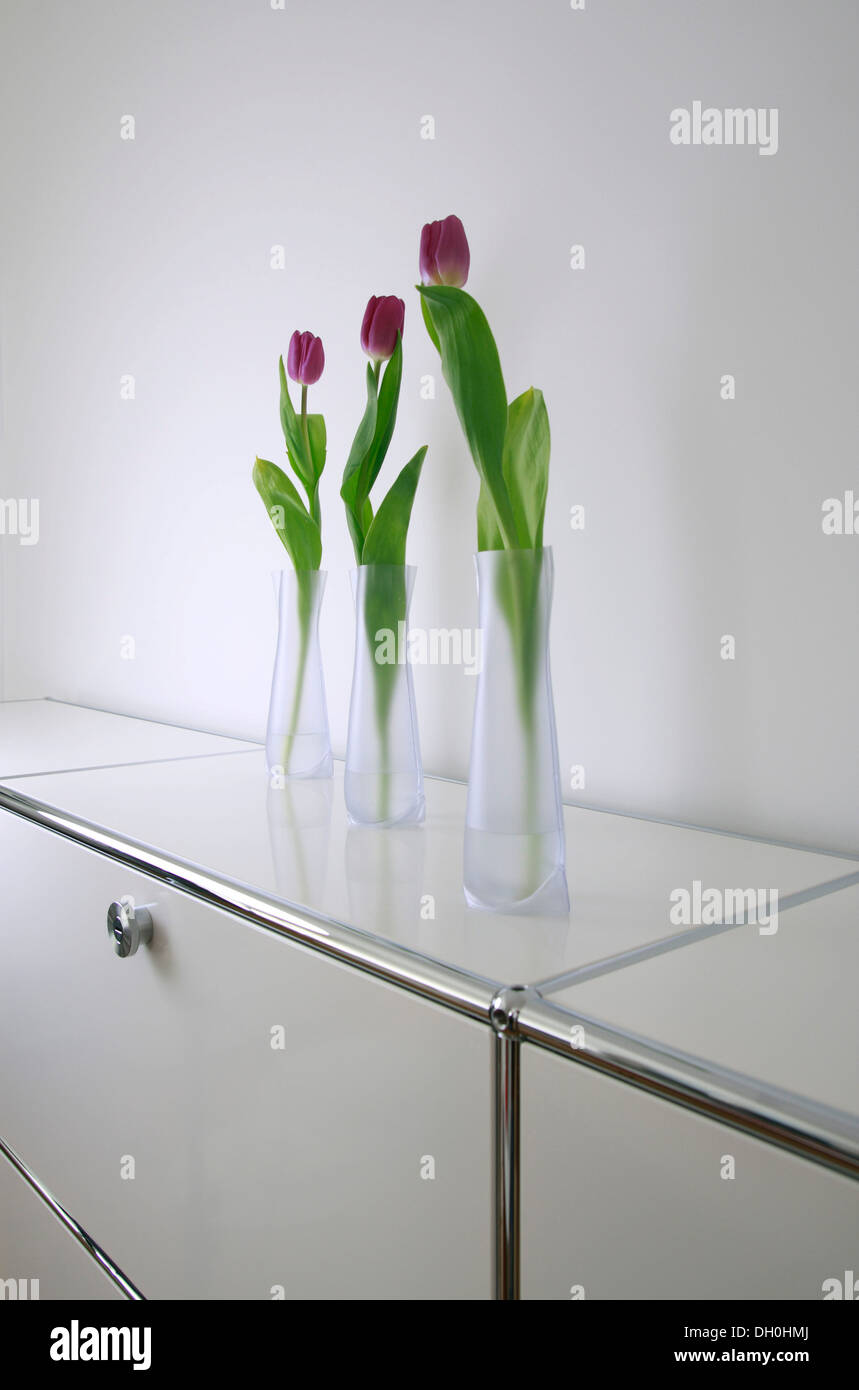 3 tulipani in vasetti di vetro su bianco mobili per ufficio Foto Stock