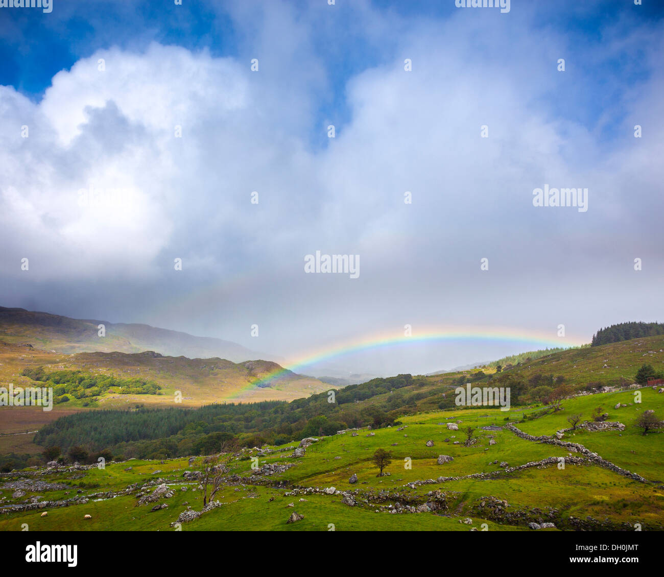 Contea di Kerry, Irlanda: un arcobaleno archi su Black Valley vicino a Ladies View sul Ring di Kerry Foto Stock