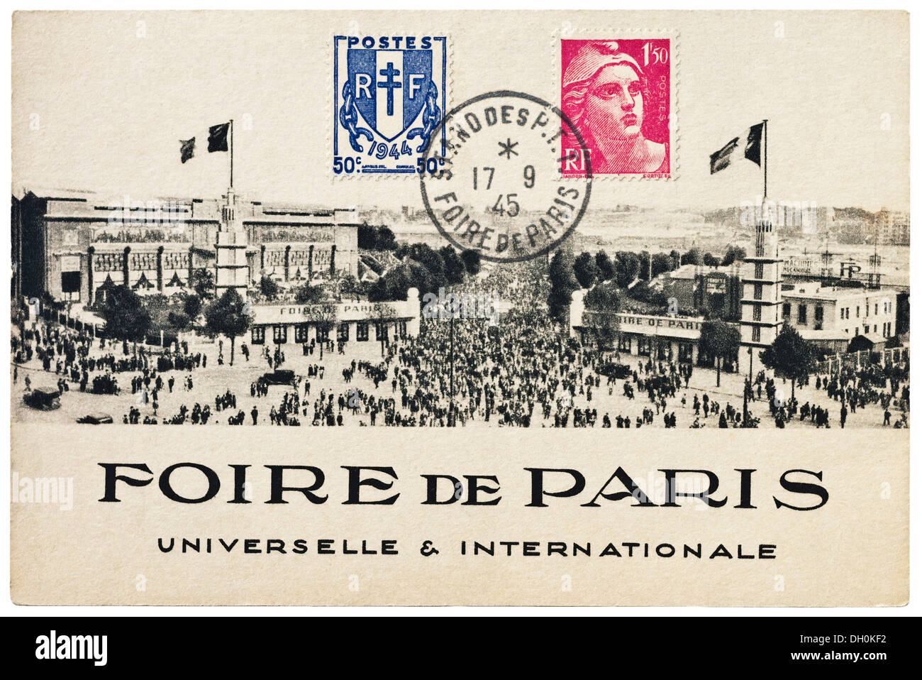 1945 francese "Foire de Paris " mostra internazionale cartolina. Foto Stock