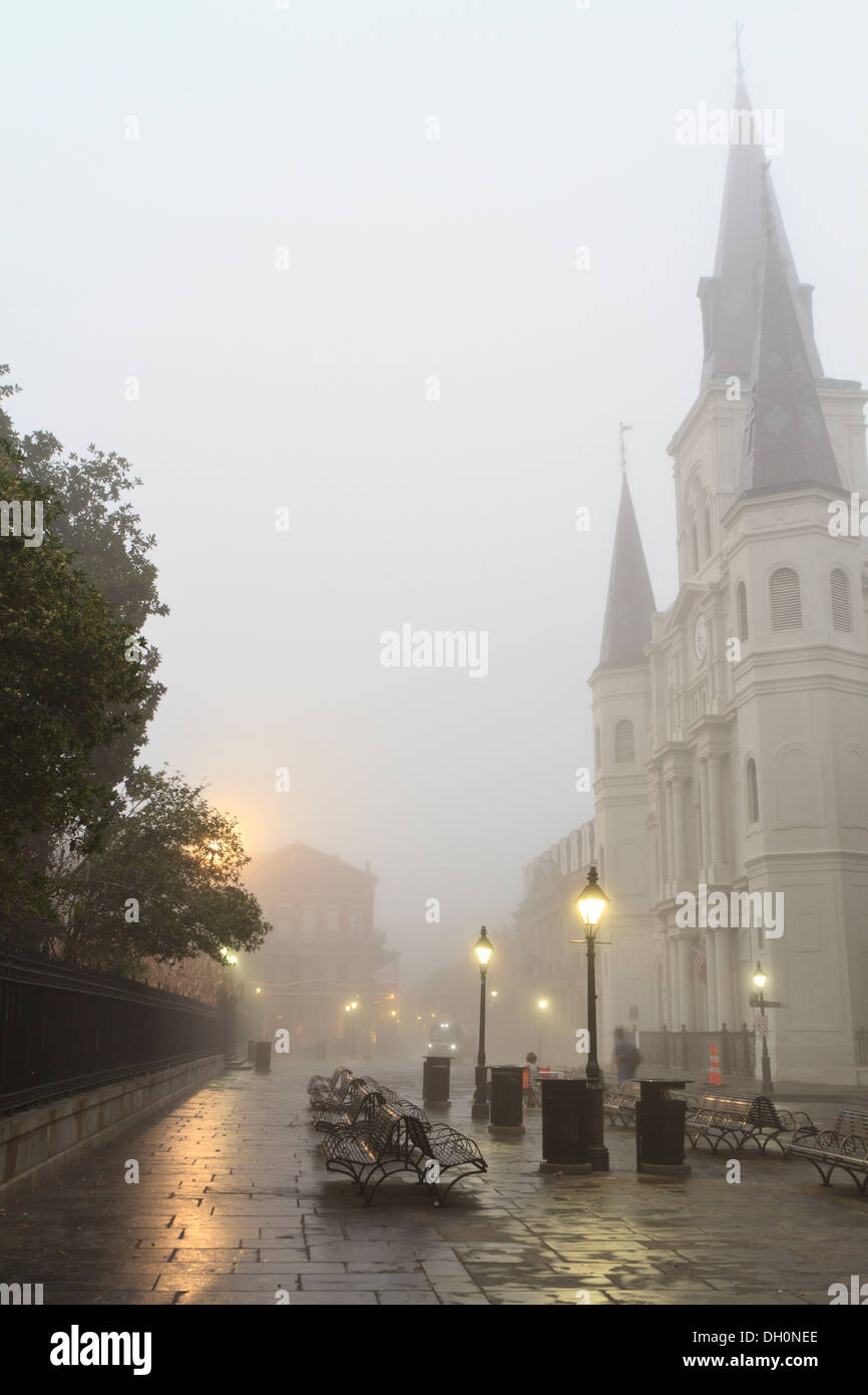 Nebbia mattutina su Jackson Square oscura la Cattedrale di San Louis a New Orleans, Louisiana Foto Stock