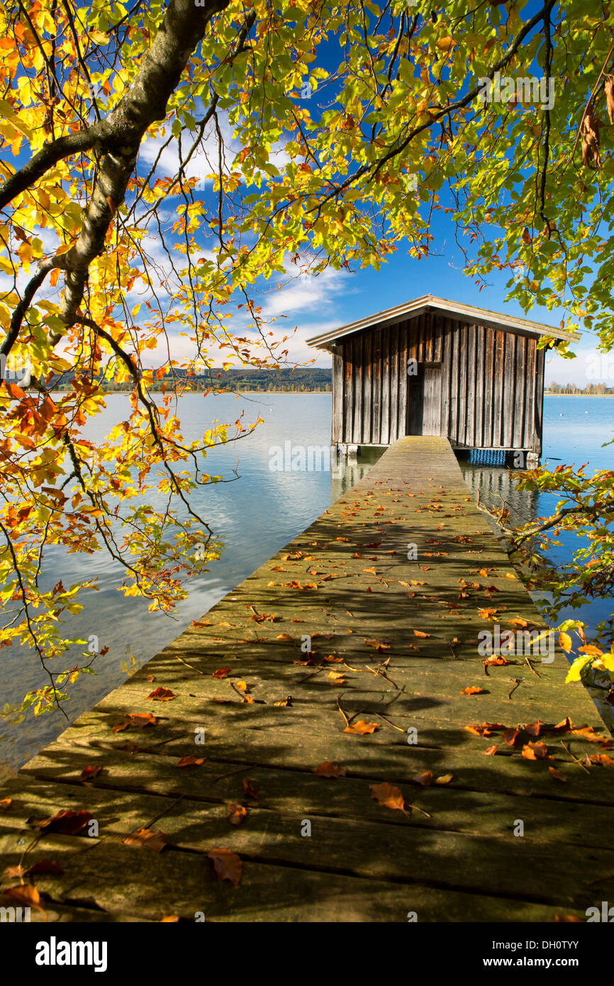 Fisherman's capanna in autunno al Lago Kochelsee, Baviera, PublicGround Foto Stock