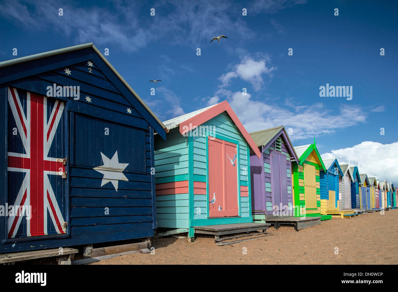 Pittoresca spiaggia di capanne presso la spiaggia di Brighton e Spiaggia di Brighton, Australia Foto Stock