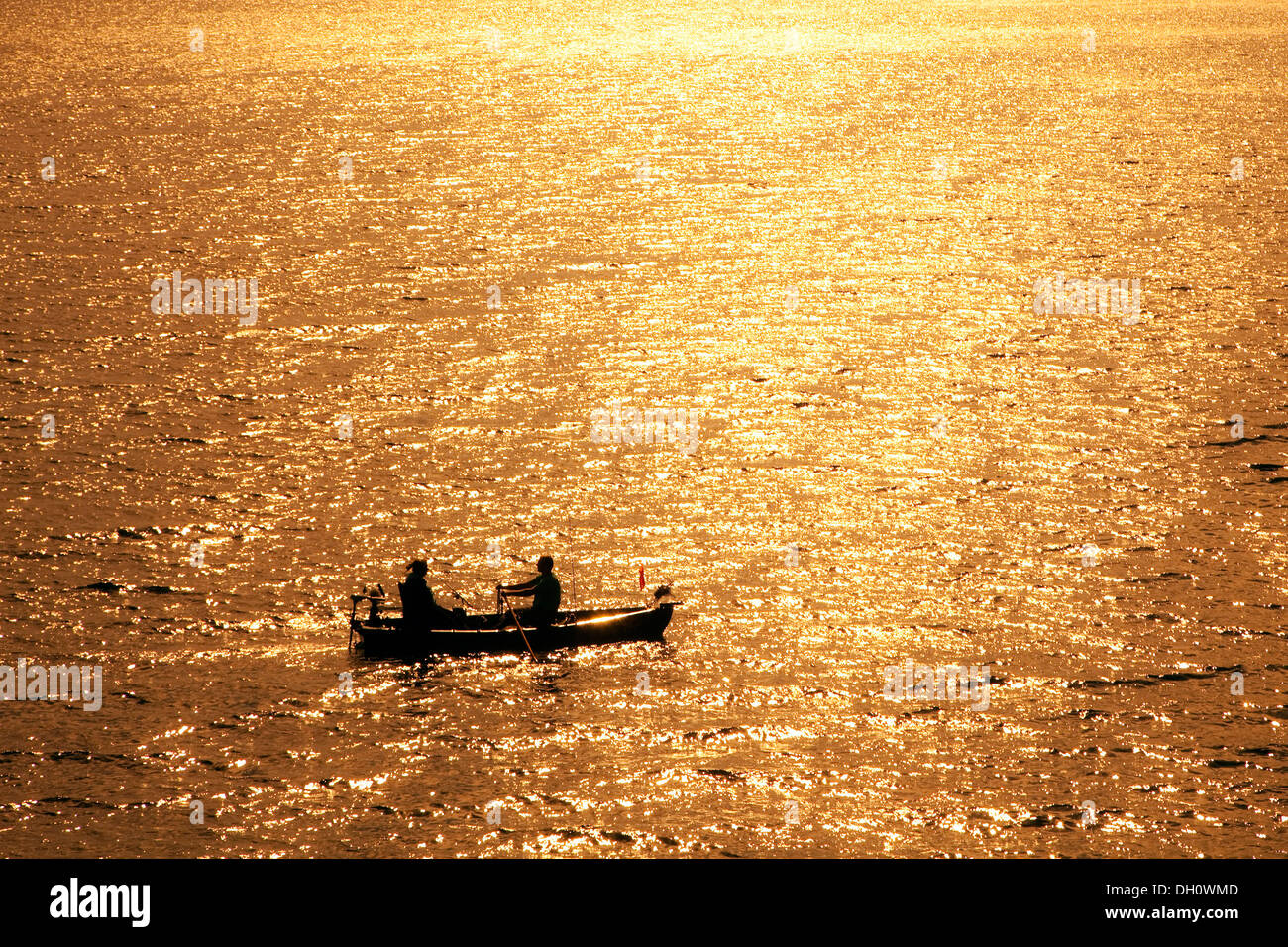 Due persone in una barca a remi sul lago Sorpesee al tramonto, Sunderland, Hochsauerlandkreis distretto, Renania settentrionale-Vestfalia Foto Stock
