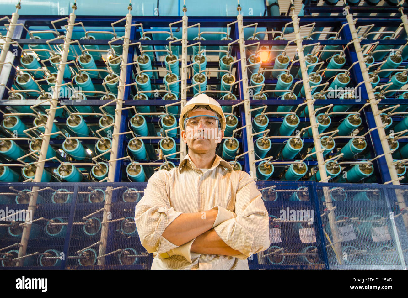 Lavoratore di ispanici in piedi in fabbrica Foto Stock