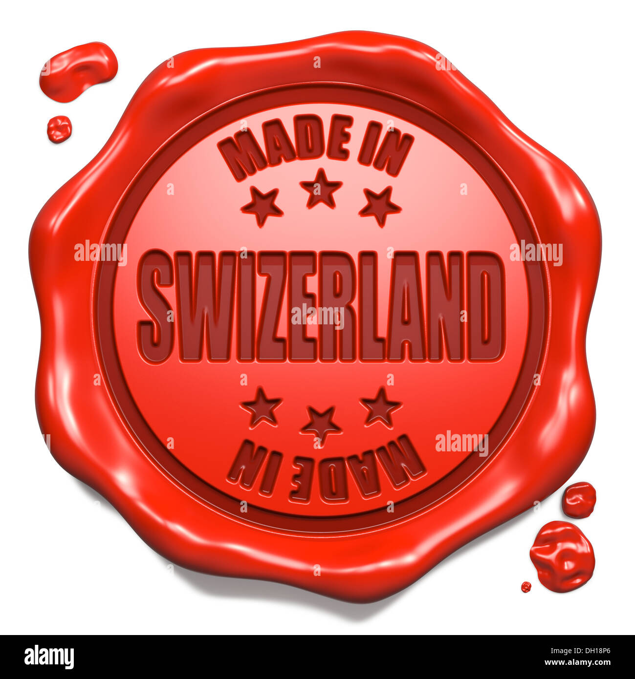 Made in Swizerland - Timbro sul sigillo di cera rossa. Foto Stock