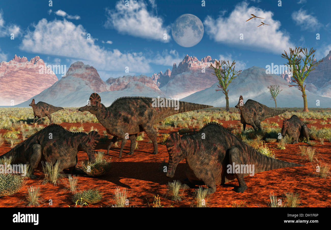 Una mandria di flangia di trazione Corythosaur Dinosauri Foto Stock