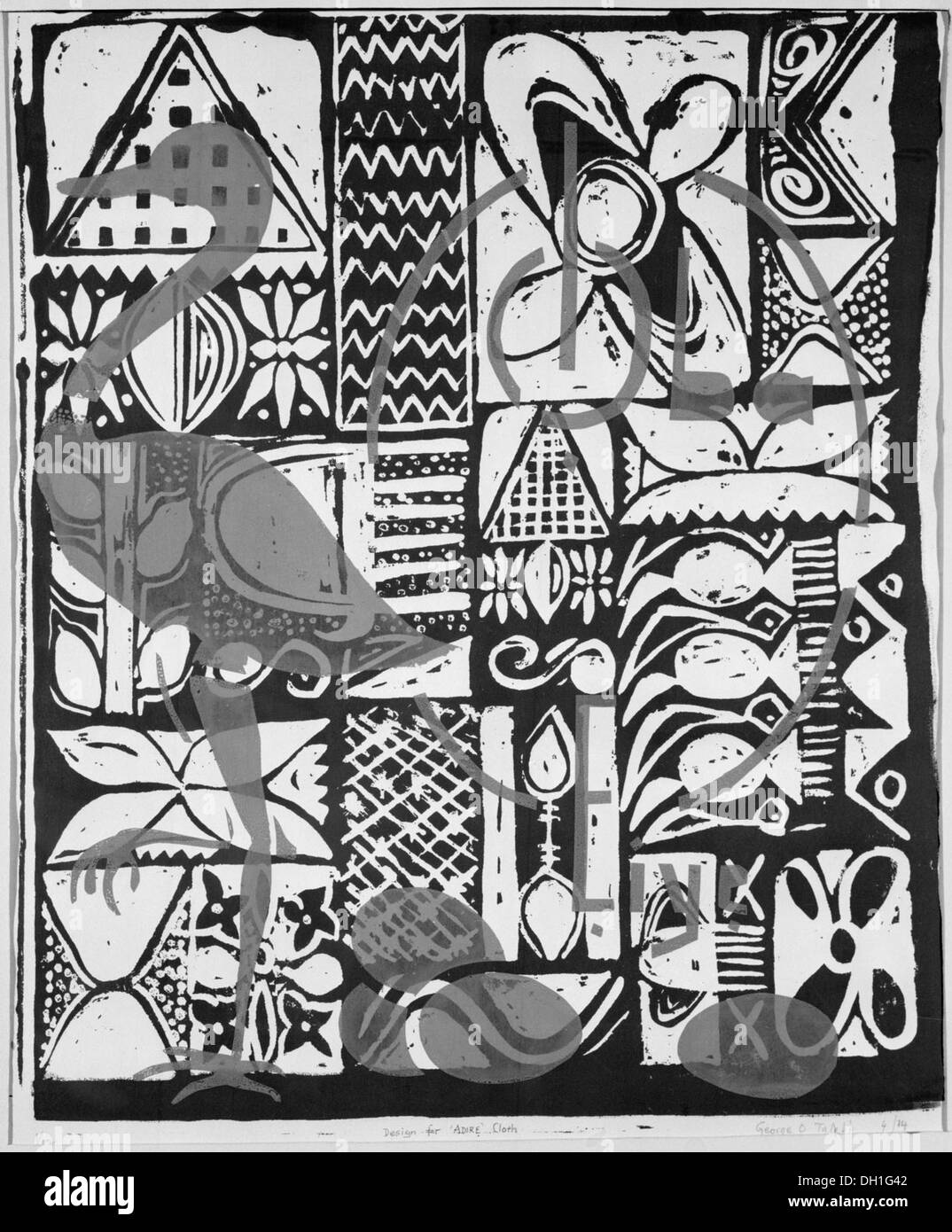 Questo design rappresenta un intricato motivo per tessuto adire, un tipo di tessuto tinto a mano tradizionalmente prodotto dagli Yoruba nell'Africa occidentale. Il tessuto Adire presenta tecniche di tintura uniche, spesso usando l'indaco, ed è noto per il suo significato culturale. Foto Stock