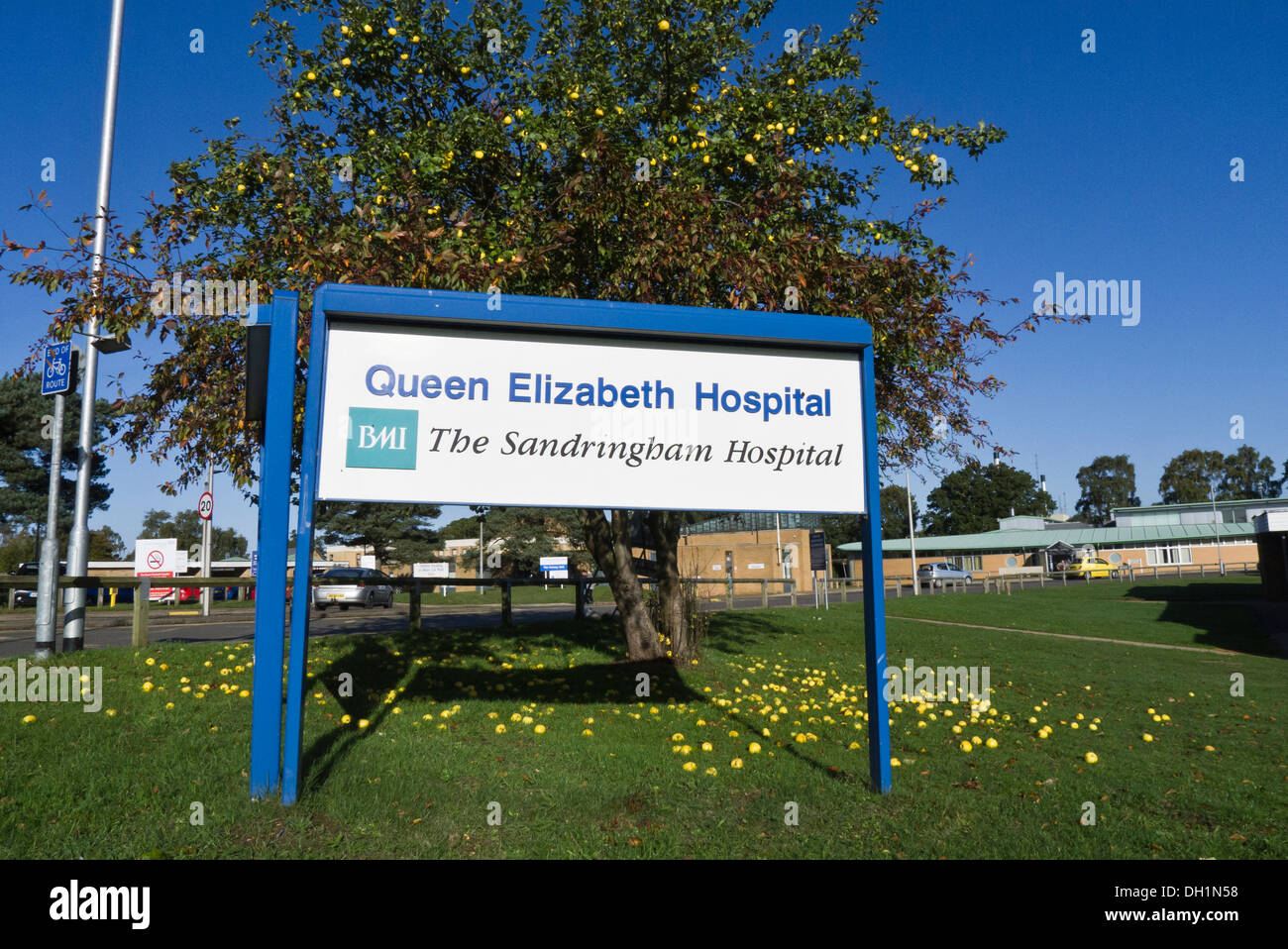 Segno di entrata per la Queen Elizabeth Hospital di King's Lynn, Norfolk. Foto Stock