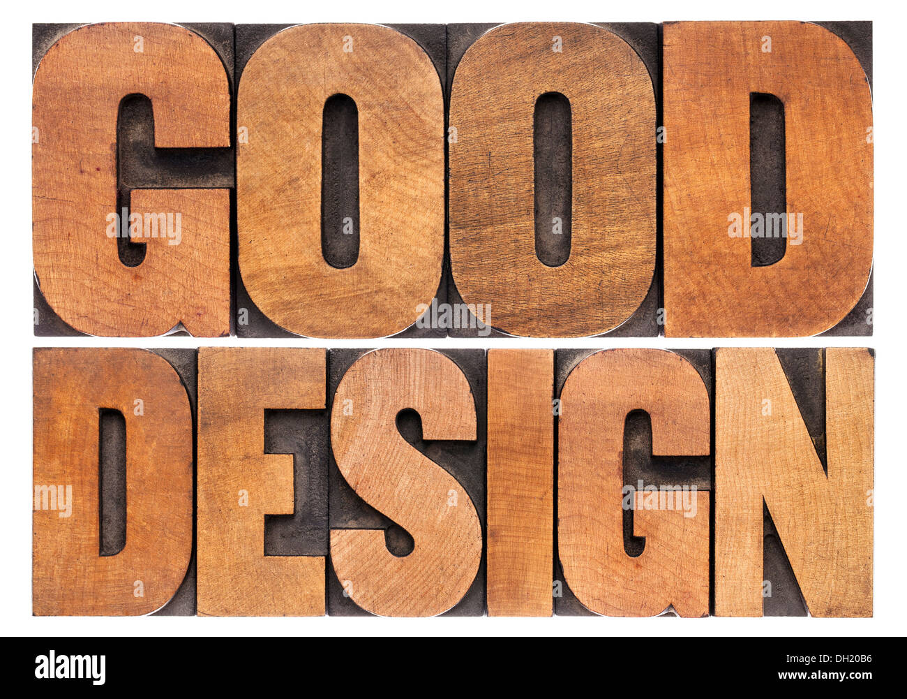 Un buon design - parole isolate in rilievografia vintage tipo legno Foto Stock
