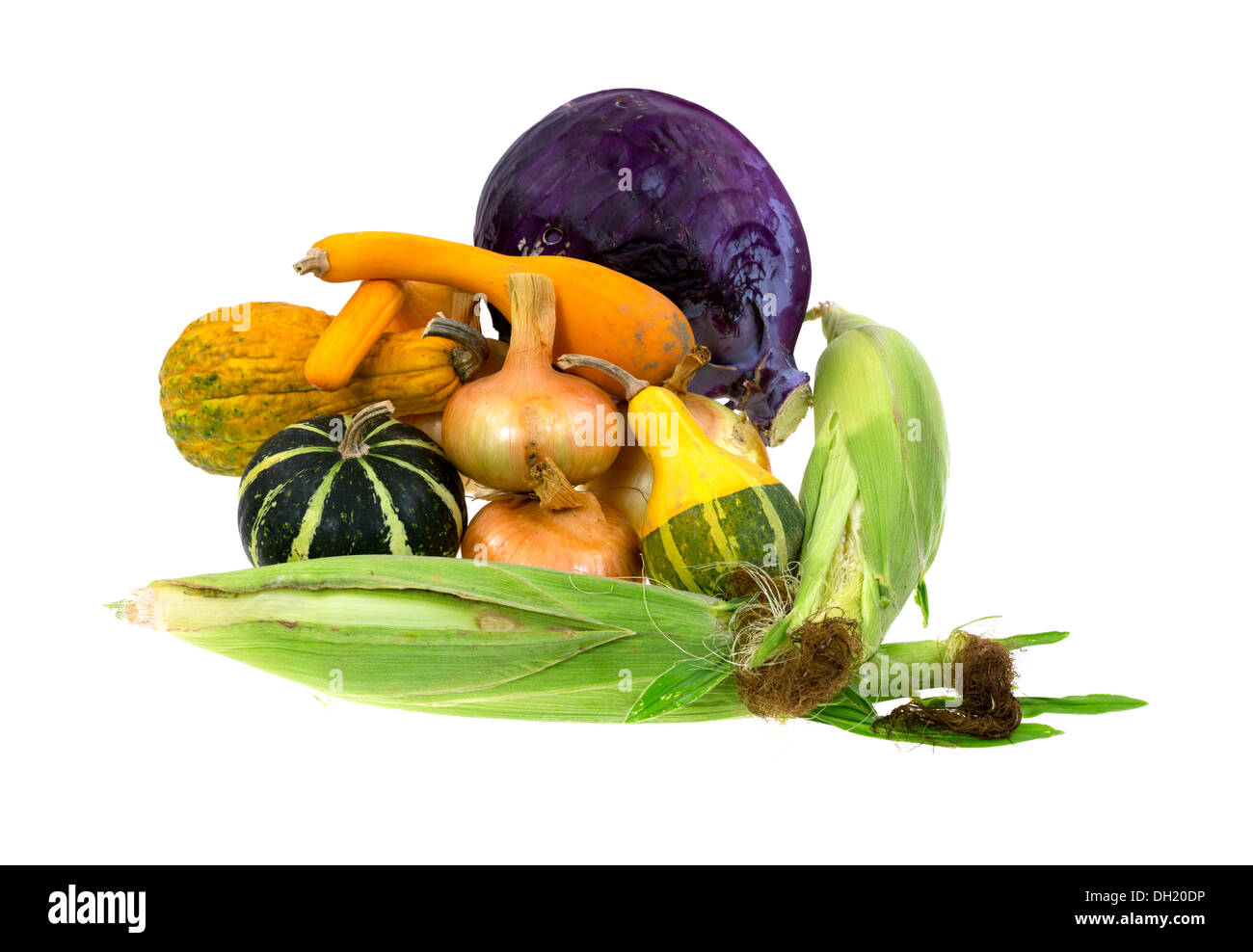 Parecchie varietà di verdure fresche dal giardino su uno sfondo bianco. Foto Stock