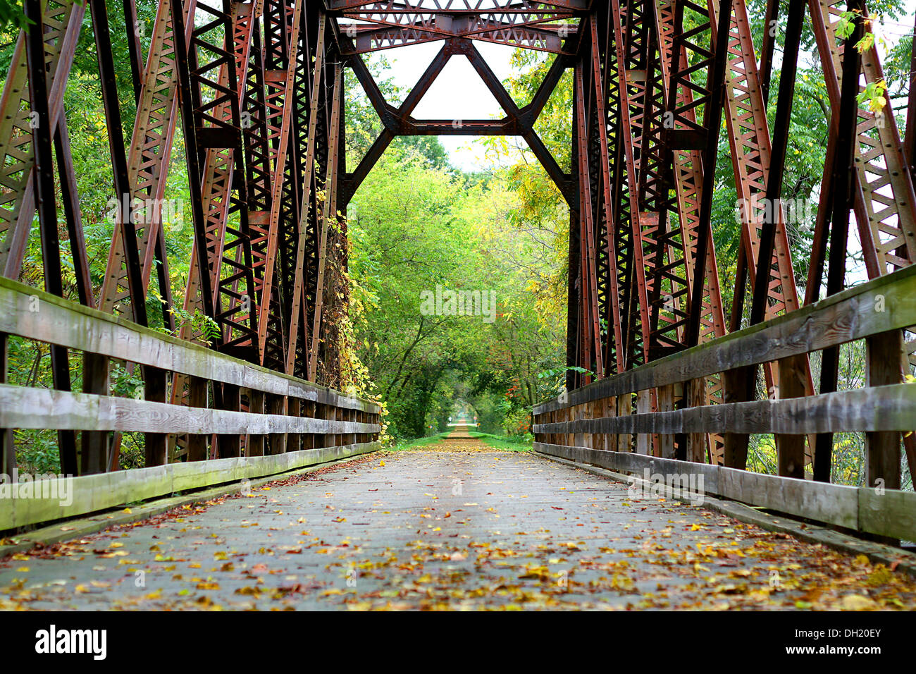 Un vecchio ghisa ponte coperto su una pista ciclabile nella foresta di Wisconsin Foto Stock