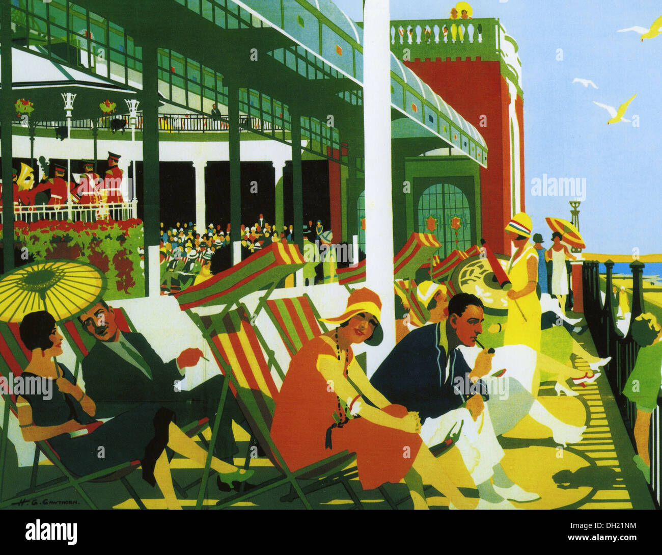 Moda balneare 1925 circa da una linea ferroviaria poster di promozione Clacton, UK. Foto Stock