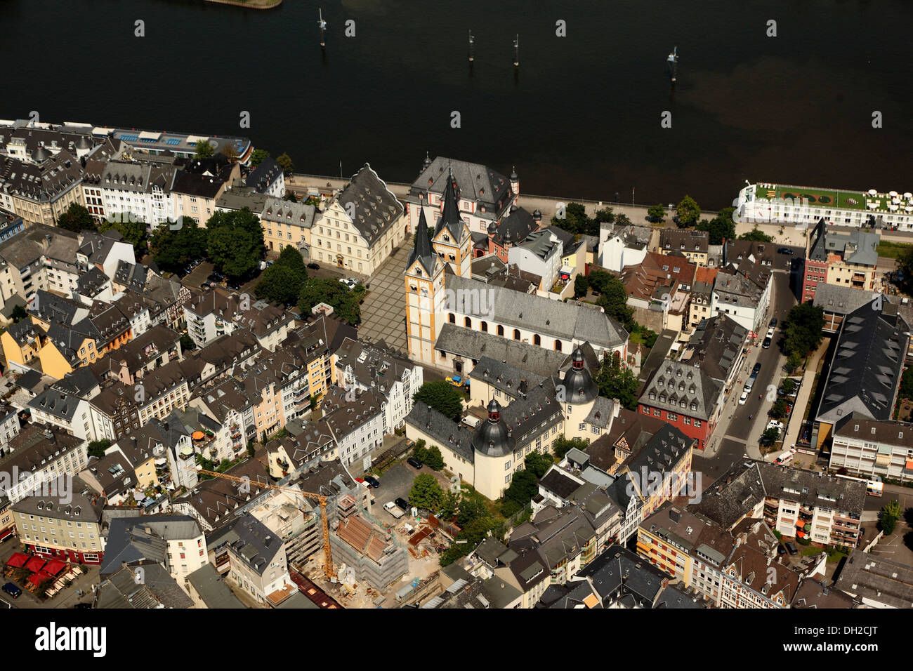 Vista aerea, la città vecchia di Coblenza con Florinsmarkt street e la chiesa di San Floriano, Coblenza, Renania-Palatinato Foto Stock