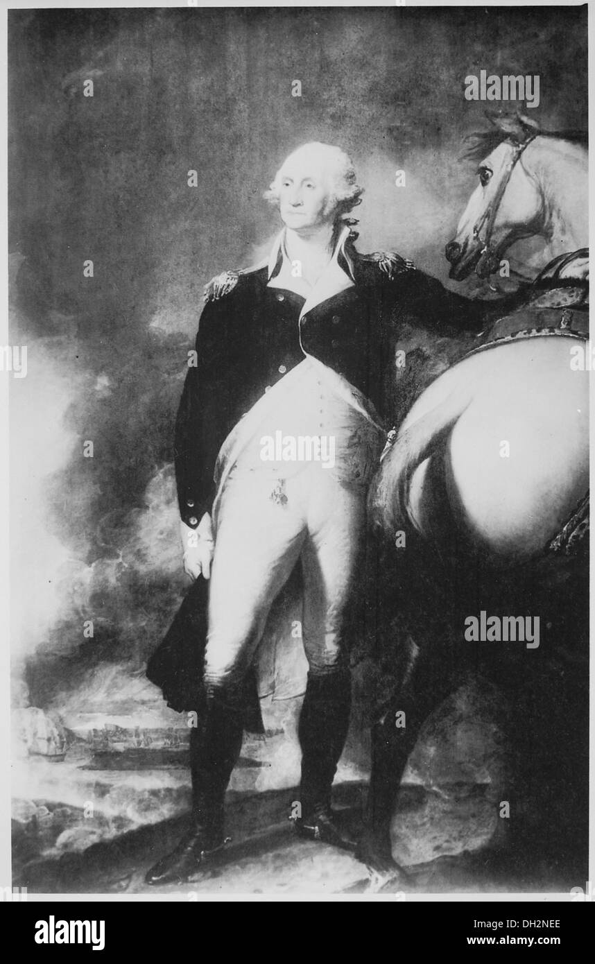 Questo ritratto a figura intera mostra George Washington a Dorchester Heights, un luogo fondamentale durante la guerra di indipendenza americana. Foto Stock