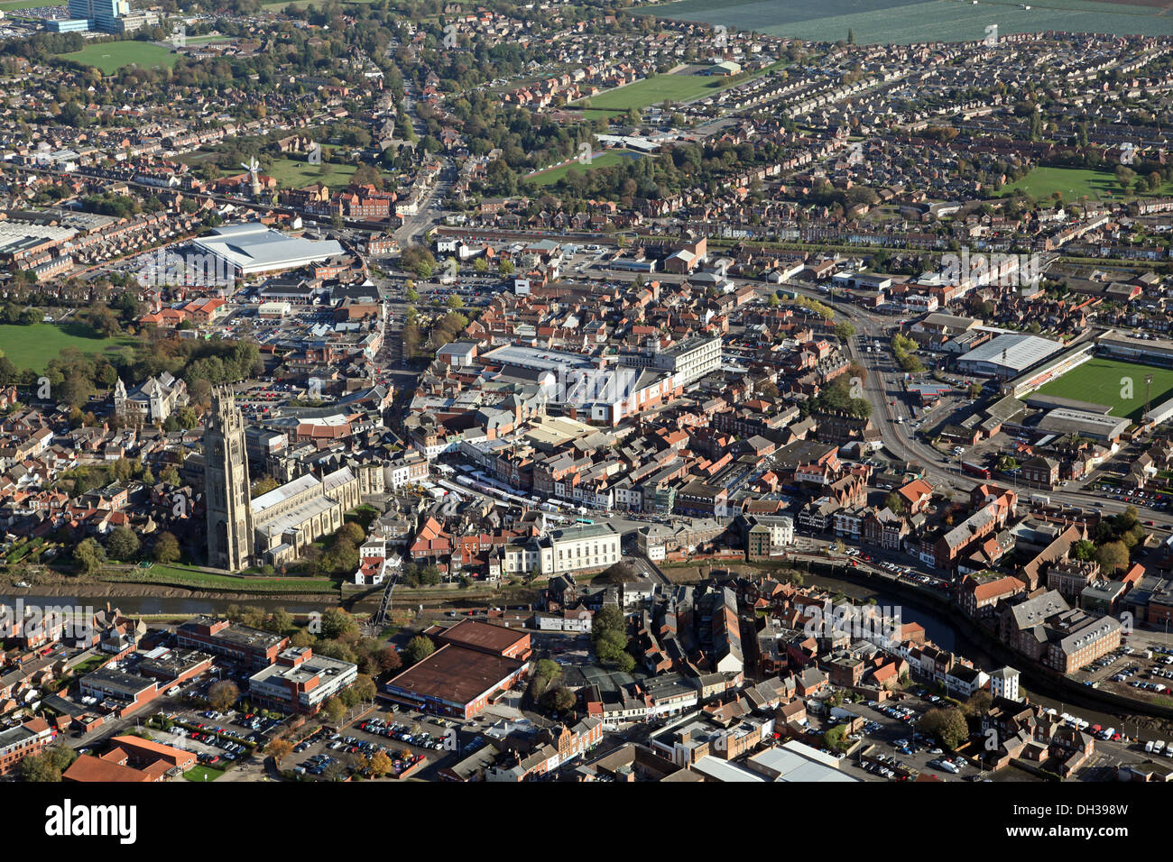 Vista aerea di Boston, Lincolnshire incluso il famoso St Botolph's Chiesa - il "Boston moncone' Foto Stock