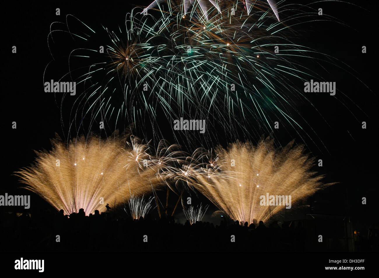 Fuochi d'artificio con molti spettatori, Pristäblich, Laußig, Bassa Sassonia, Germania Foto Stock