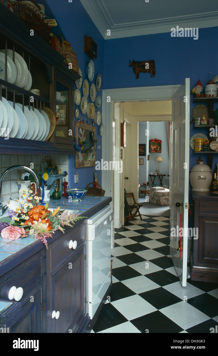 Nero+checkr bianco-board pavimento vinilico in blu cucina con rastrelliera sopra il lavabo e sportello aperto a hall Foto Stock