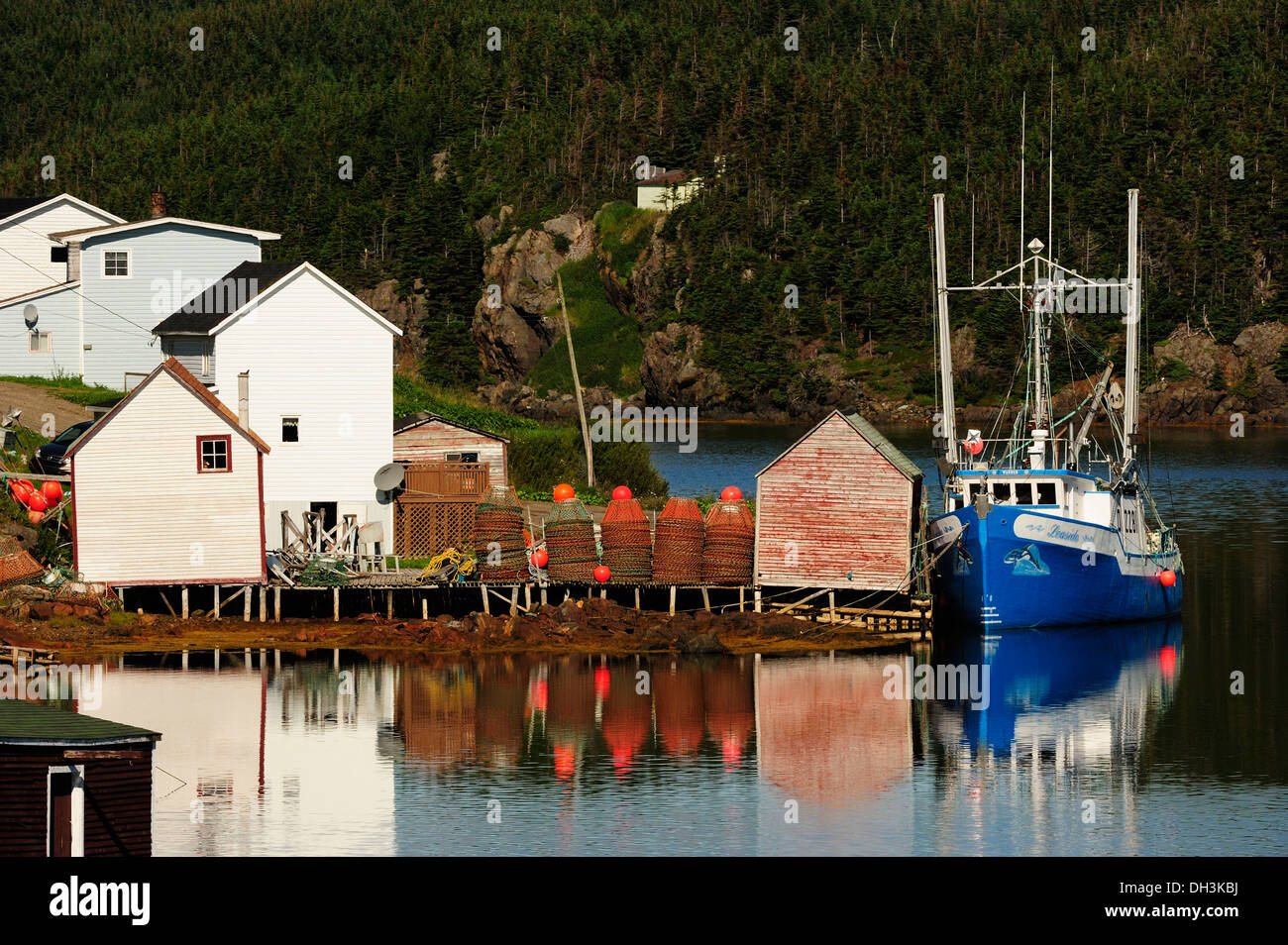 Case e barche da pesca sull'Oceano Atlantico, Nuovo Mondo isola in Twillingate, Terranova, Canada, America del Nord Foto Stock