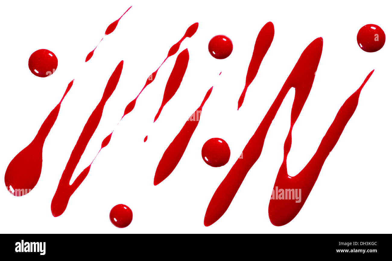 Il sangue o il rosso goccioline di vernice e tratti isolati. Separare i tracciati di ritaglio Foto Stock