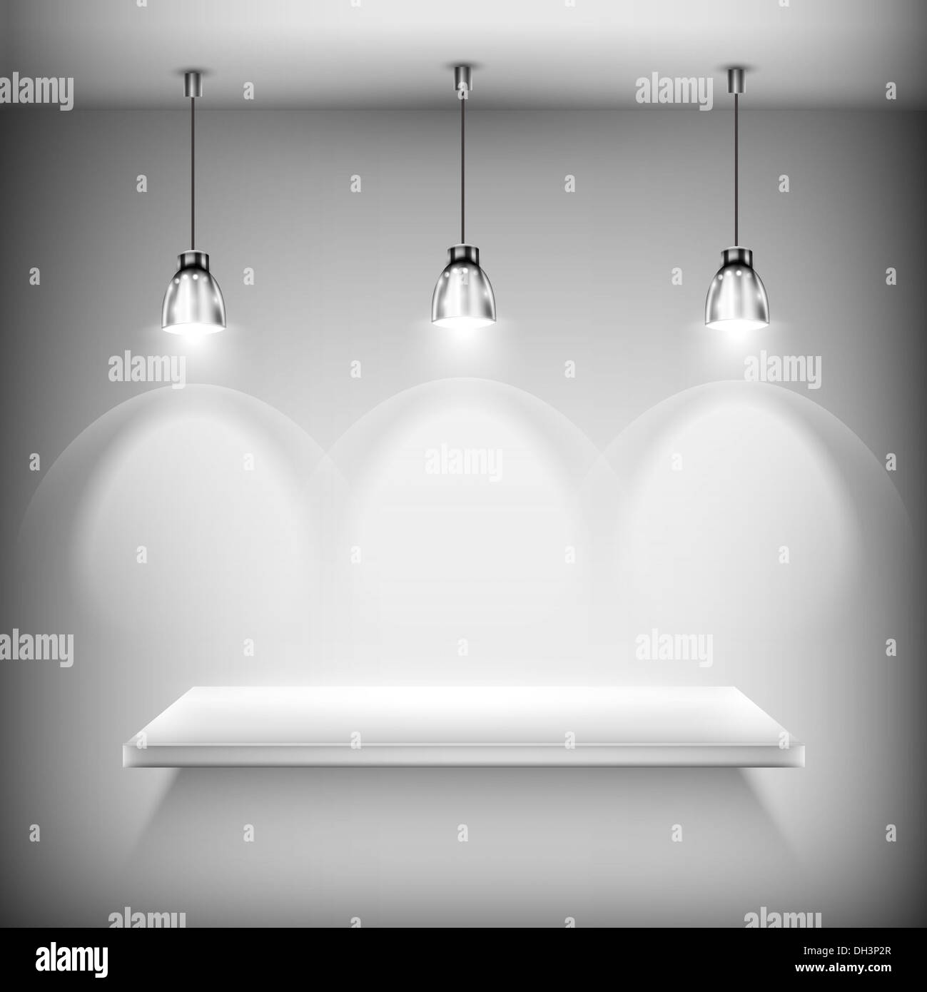 Bianco ripiano vuoto illuminato da faretti Foto Stock