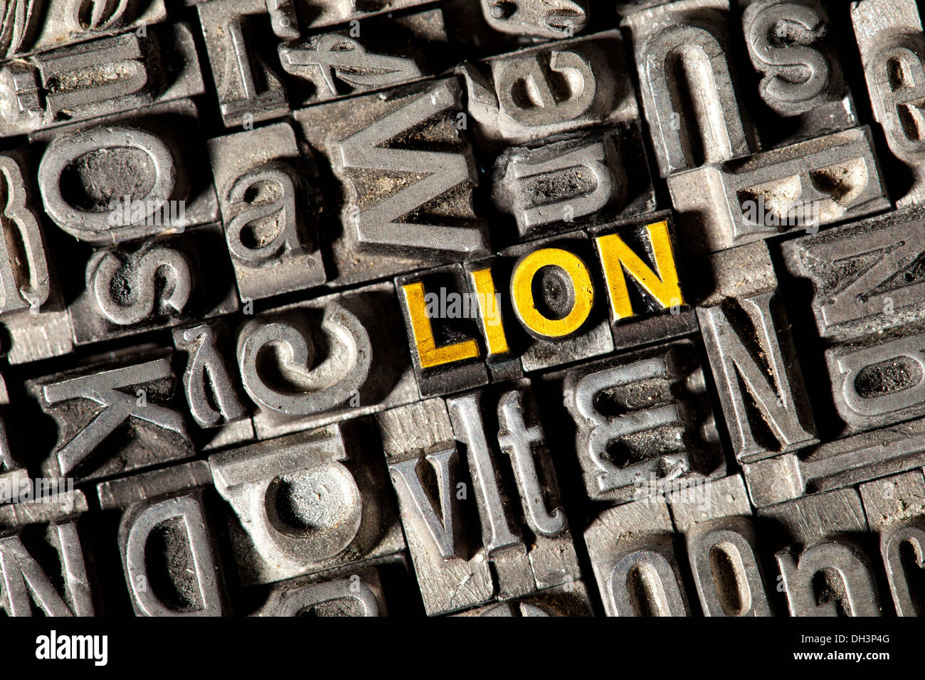 Vecchio portano lettere che compongono la parola "lion" Foto Stock