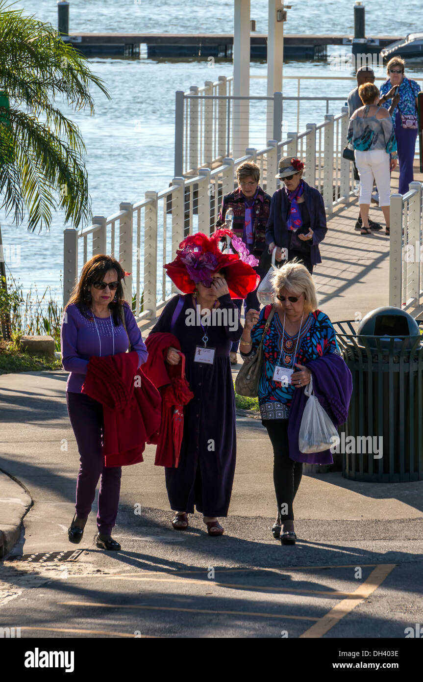 I membri di Carefree Ladies indossando grande, flamboyant Red hat con rosso e viola abbigliamento abbigliamento camminando nel supporto Dora, Florida Foto Stock