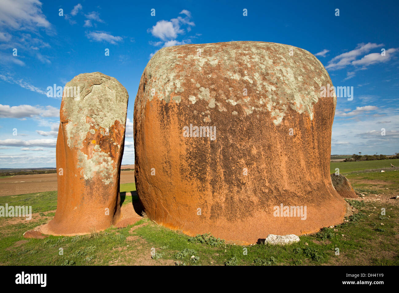 Murphy's haystacks - rosso giganteschi massi di granito, una attrazione turistica su terreno coltivato nei pressi di Ventresche Bay sulla penisola di Eyre SA Foto Stock