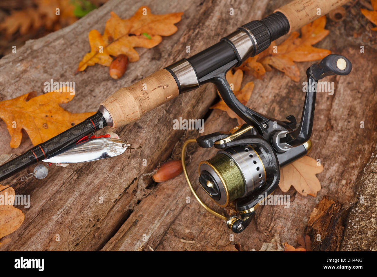 La pesca su legno weathered superficie. Foto Stock