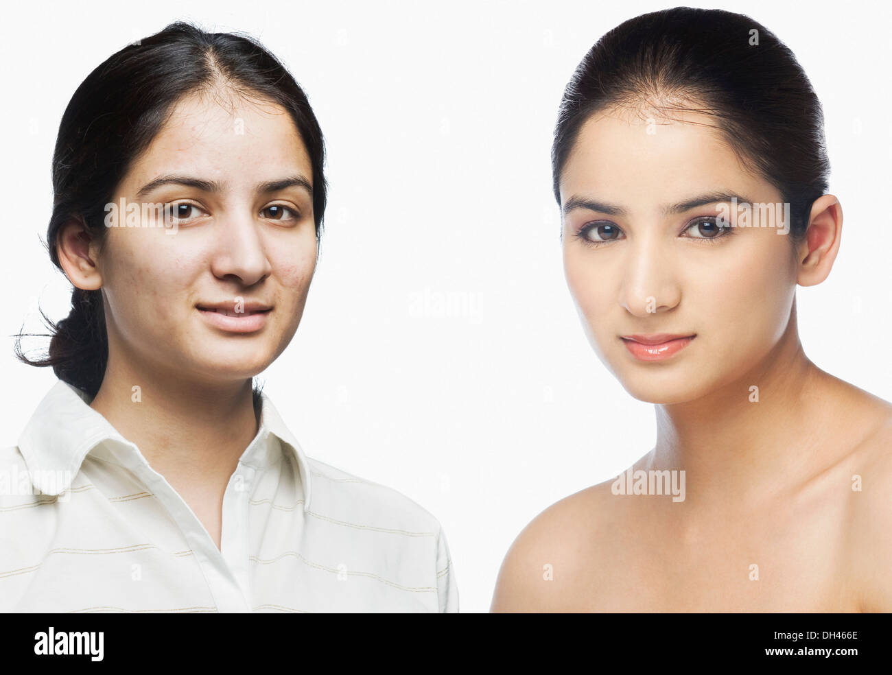 Volto di donna prima e dopo il make-up Foto Stock