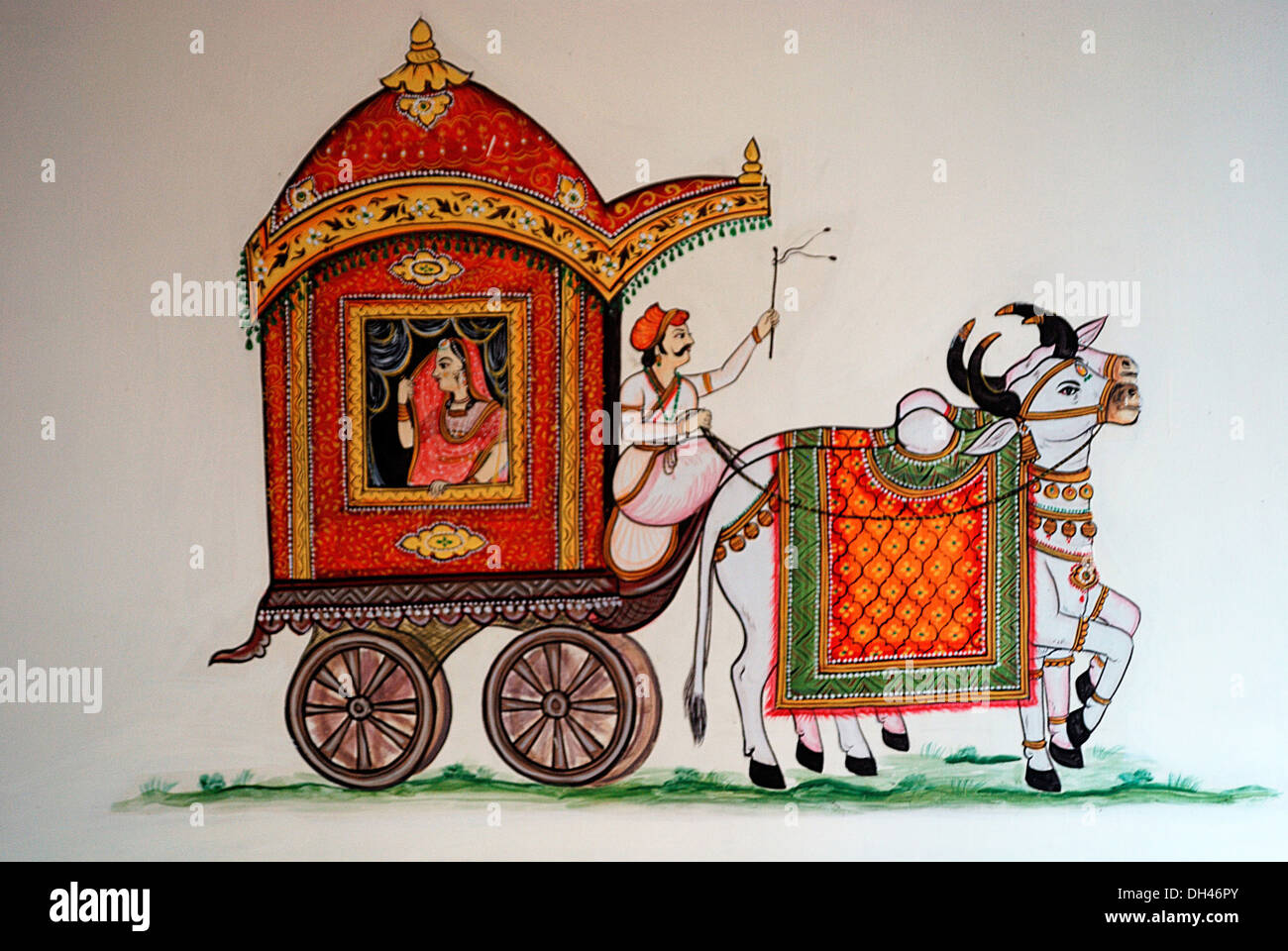La pittura murale di carrello di giovenco con sposa seduta Jaisalmer Rajasthan India Asia Foto Stock