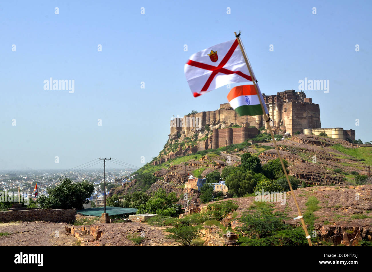 Bandiere di Francia e India in occasione del rally del ciclo Forte Mehrangarh Jodhpur Rajasthan India Asia Foto Stock